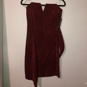 Dark Red Glittery Strapless Asymmetrical Dress!!